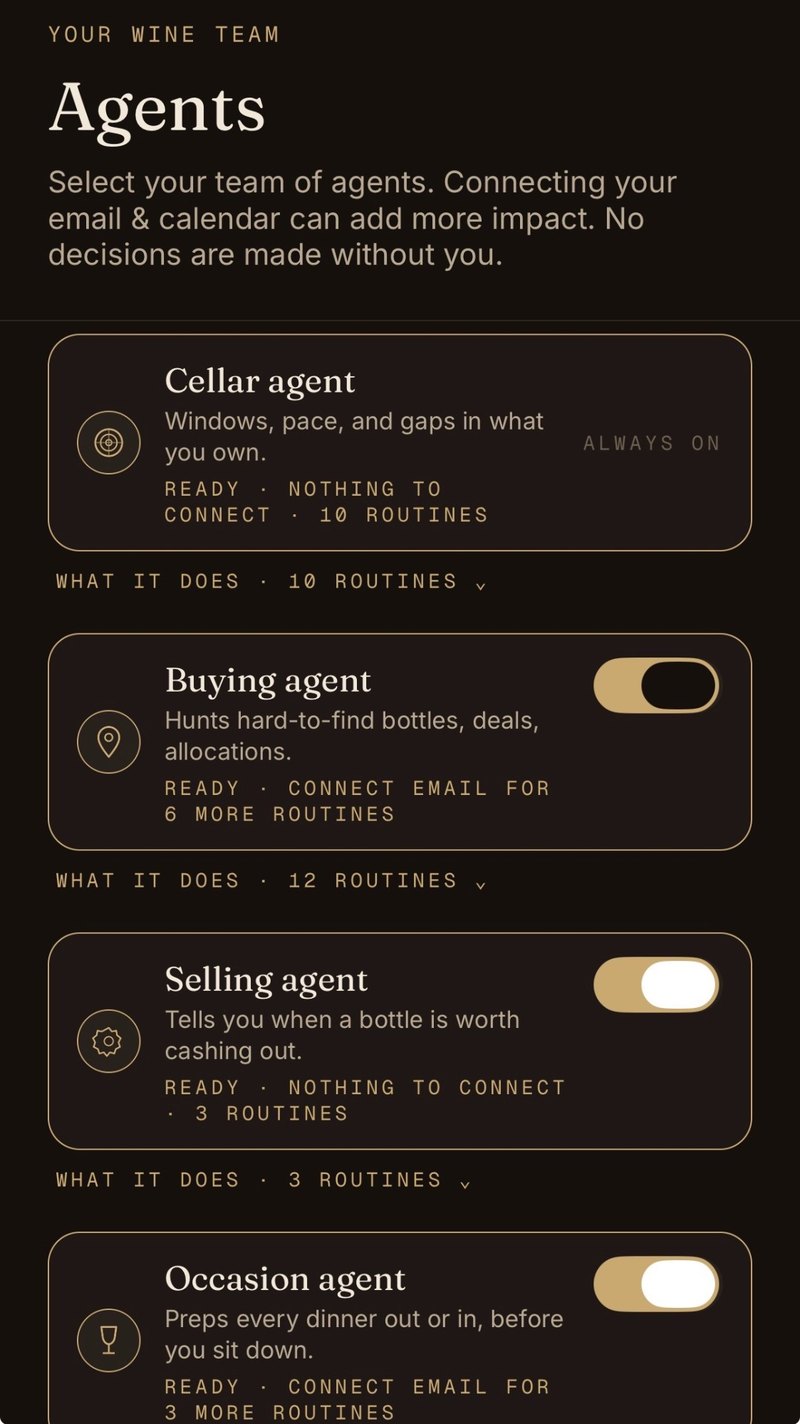 Cork's Agents screen: choose which agents to put to work, with each agent's routines listed.