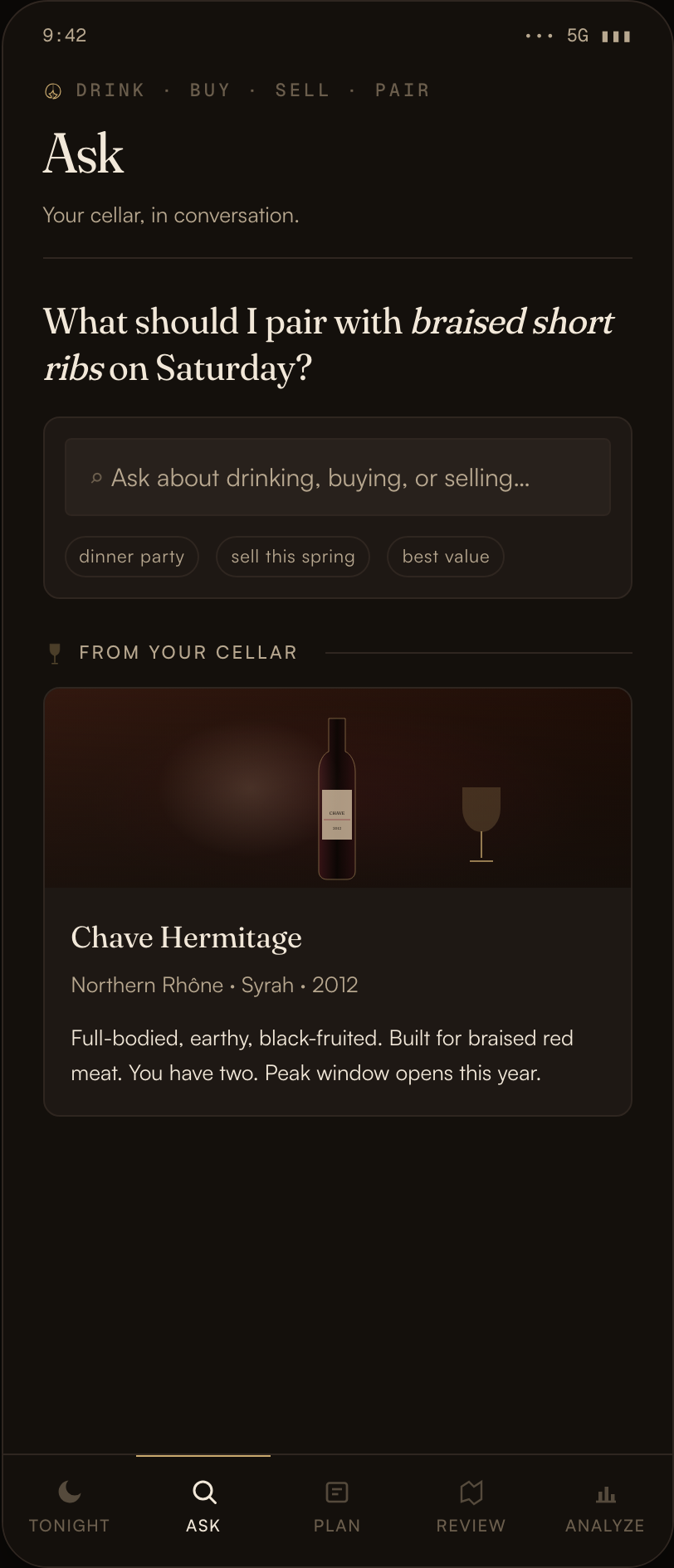 Cork's Ask screen: a natural-language question about food pairing, answered with a bottle from your own cellar.
