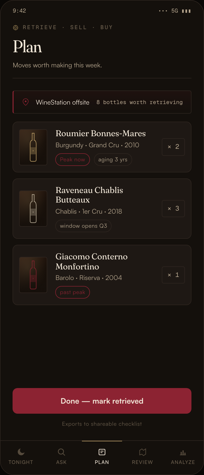 Cork's Plan screen: the week's moves — bottles worth retrieving, selling, or buying, with peak-window flags.